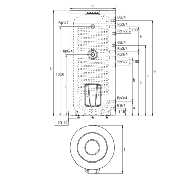 tapwaterboiler 300L tekening afmetingen
